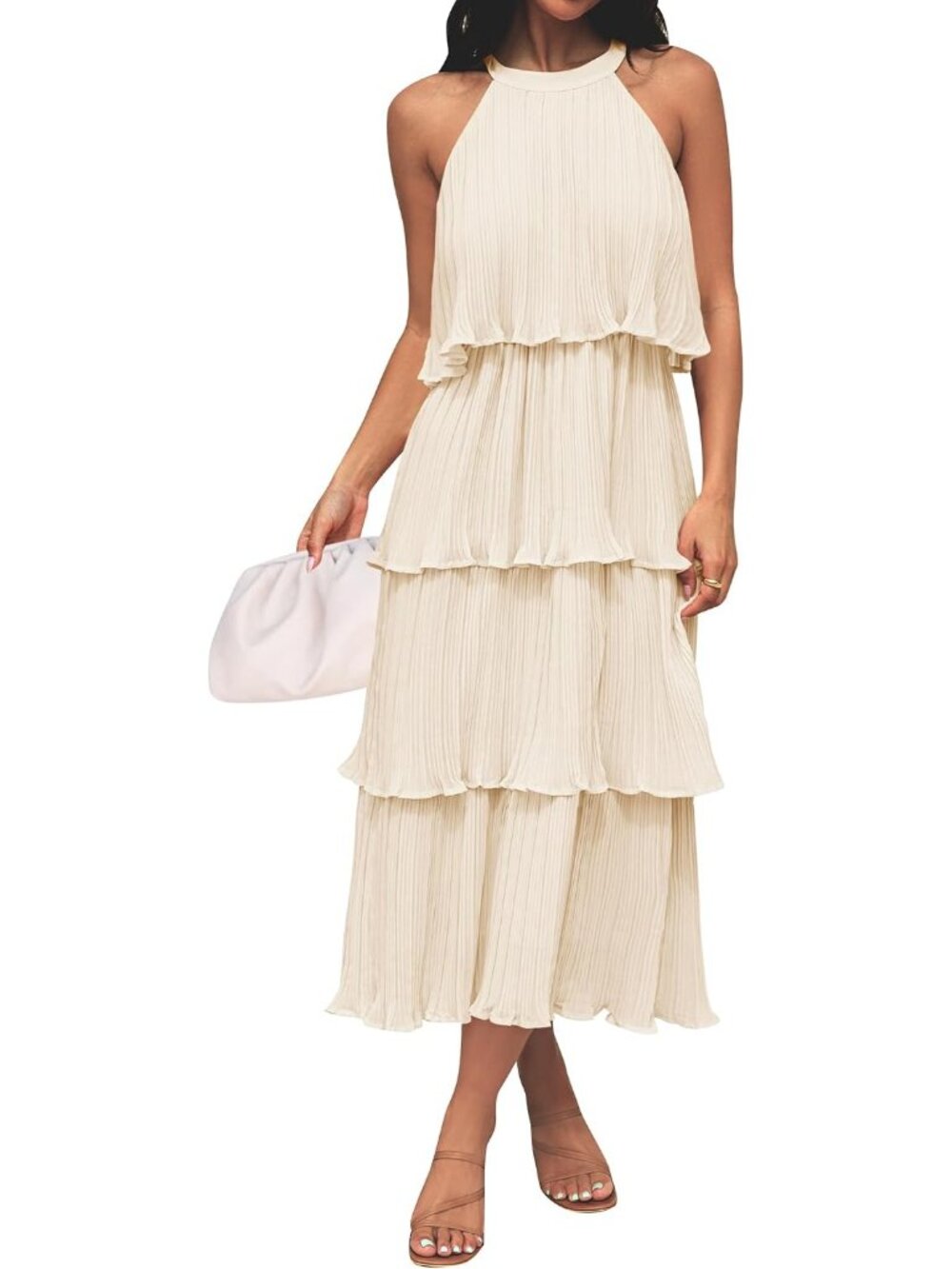 Women's Apricot Summer Halter Ruffle Sleeveless Wedding Guest Midi Dresses